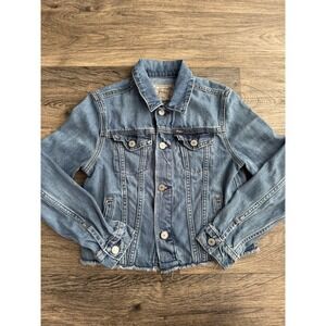 Polo Ralph Lauren Denim Jacket Girls Blue Jean Cropped Logo Spellout Raw Hem 12